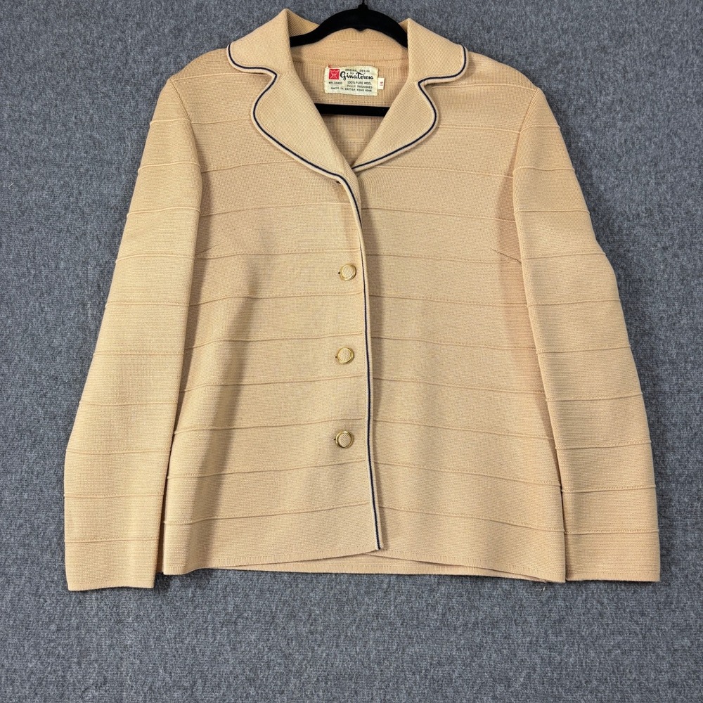 Gina Teresa Vintage 100% Wool Knit Cardigan Jacket Tan Navy Trim Gold Buttons 14